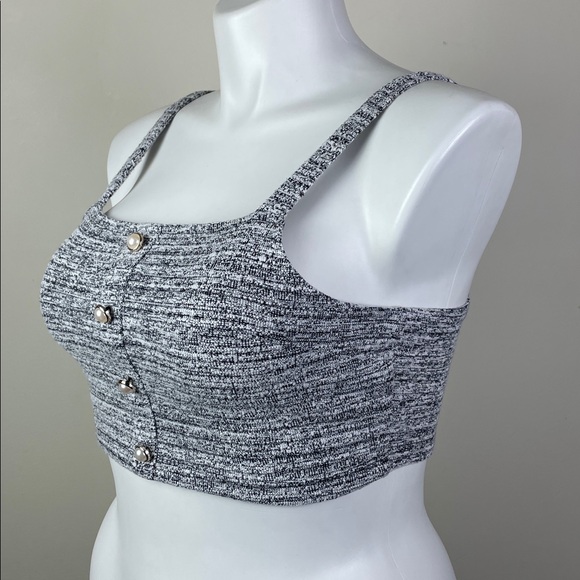 Almost Famous Big Pearl Button Stretch Crop Tank Tweed Smocked - Picture 3 of 7